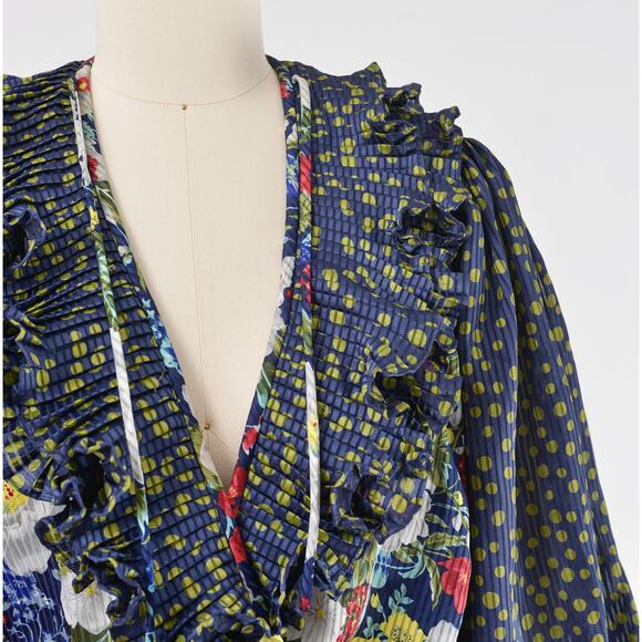 Vintage 80s Blue Floral Ruffle Neck Balloon Sleeve Pleated Midi Dress size S M - Picture 3 of 9